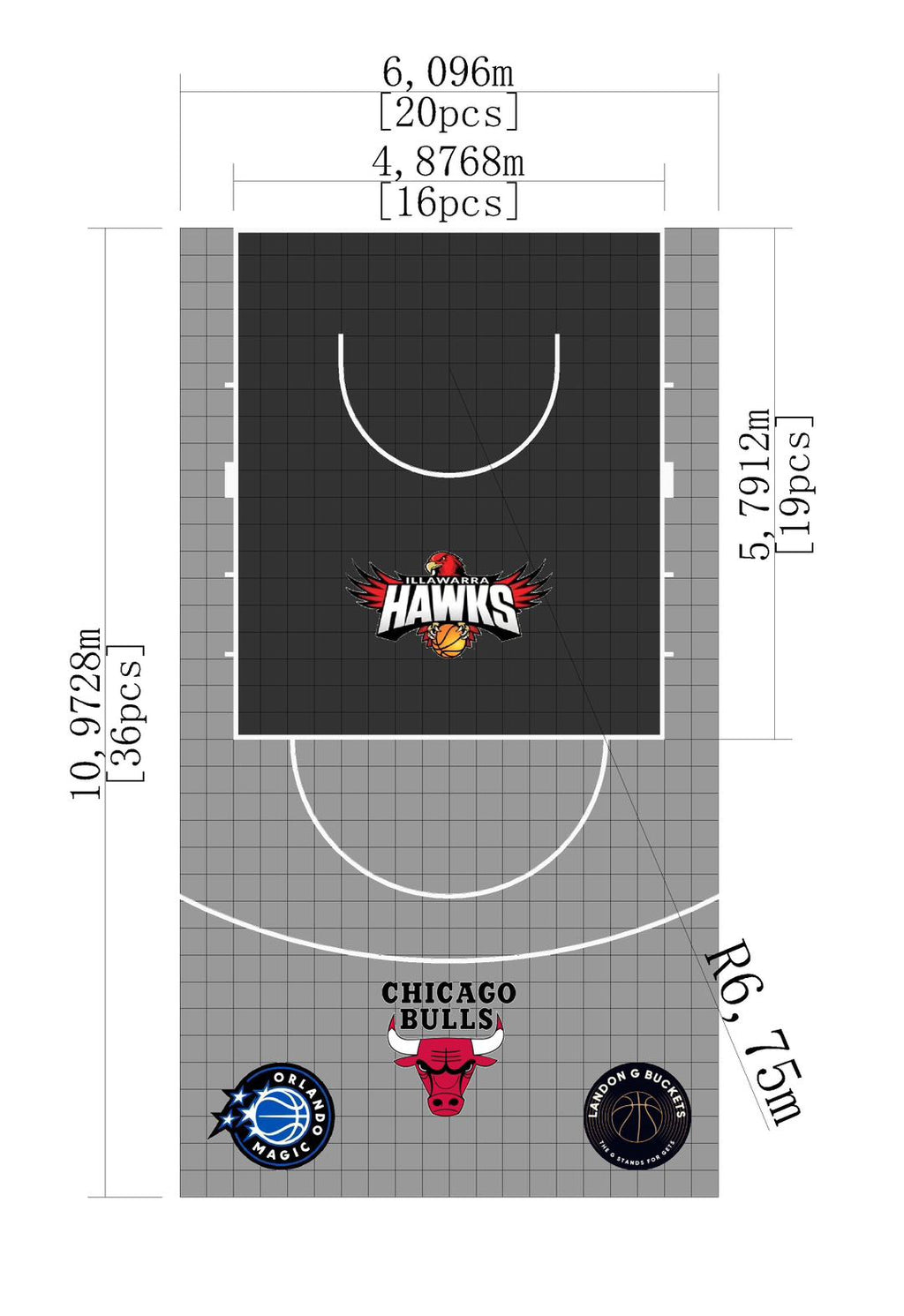 Home Courts Australia – Custom 6.75m x 10.97m Basketball Court Kit (Illawarra Hawks Edition, DIY Interlocking Tiles)